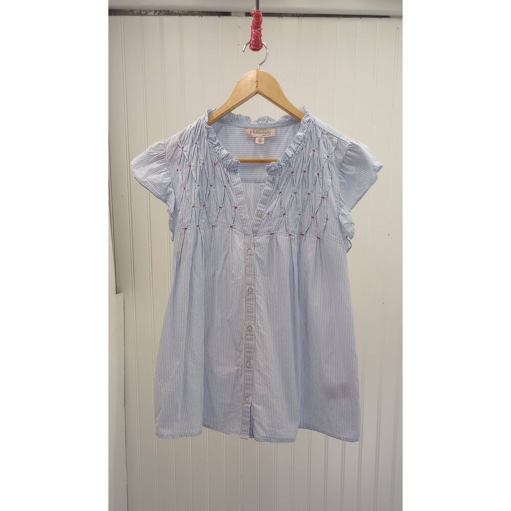 Philosophy blue & white, button down, embroidered,  short sleeve summer shirt. S